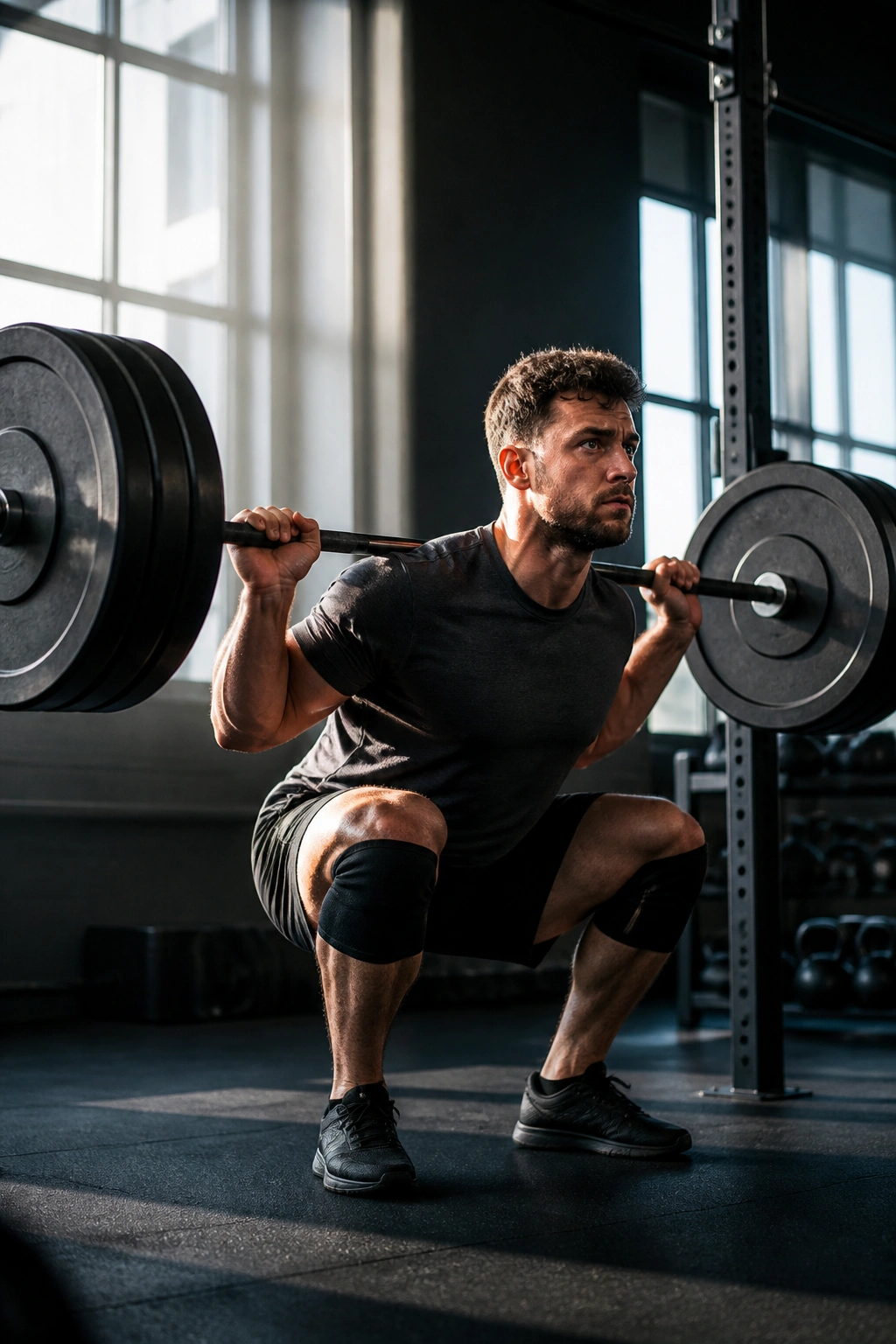 Lifter paused at bottom of squat during tempo-controlled session.