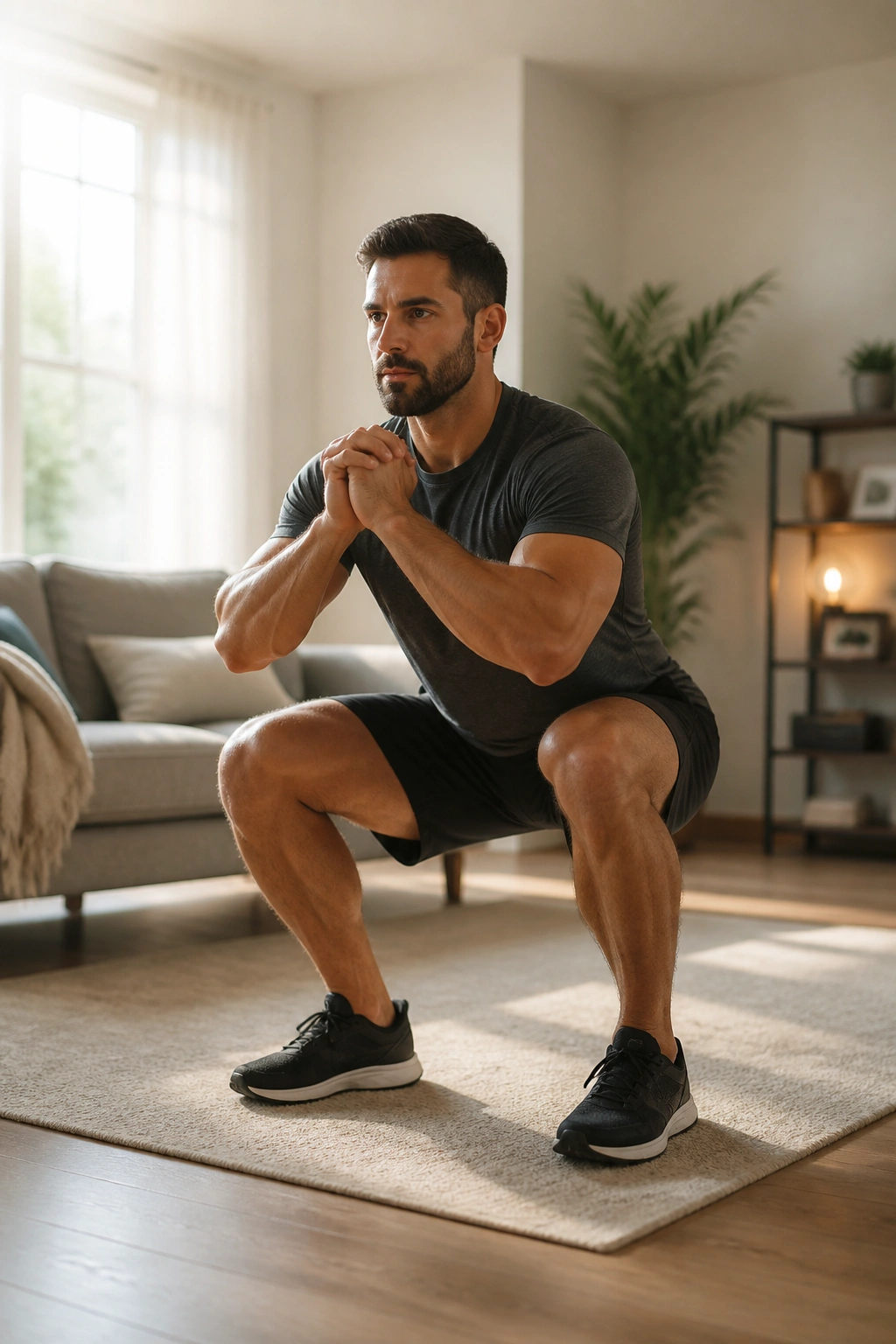 Mid-shot of a person performing a slow tempo squat at home