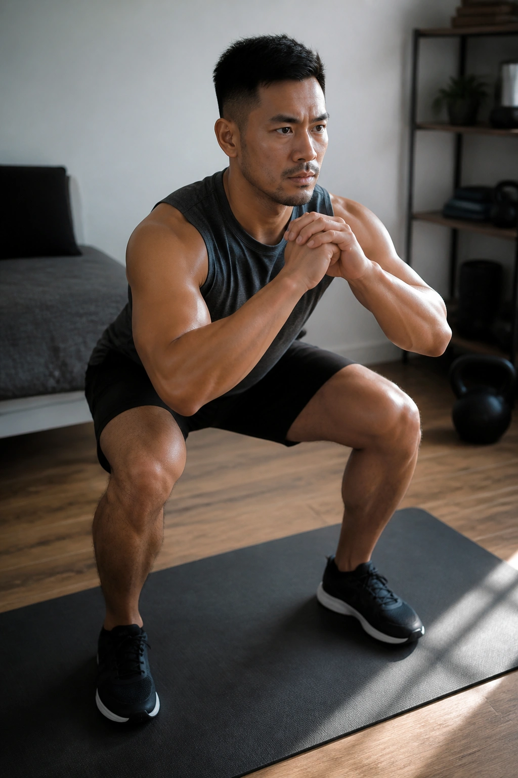 Person performing slow tempo squat in a home gym