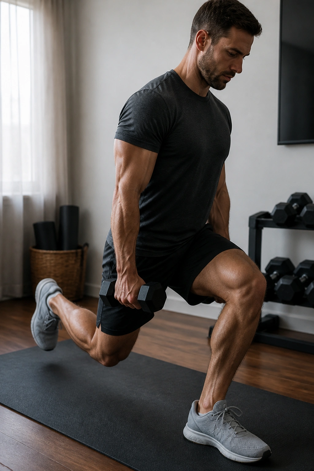 Man performing slow tempo split squats with dumbbells in a home gym