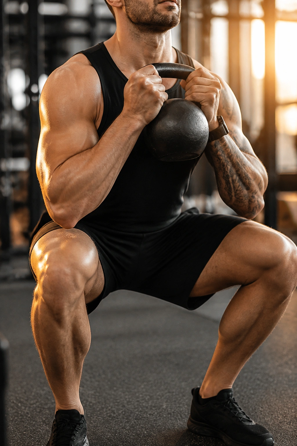 Lifter performing goblet squat with a controlled 3-second descent in a gym