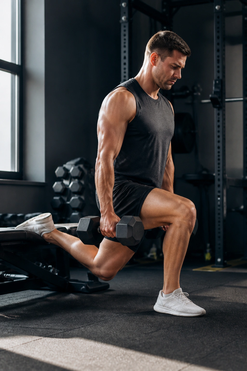 Lifter performing a slow controlled split squat in a gym