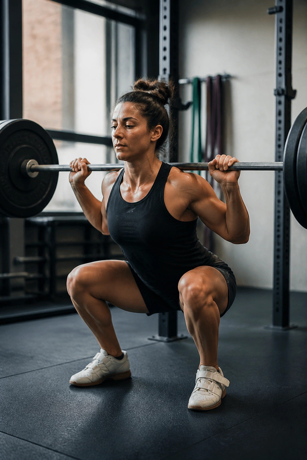 Athlete performing a tempo squat with slow descent in a gym