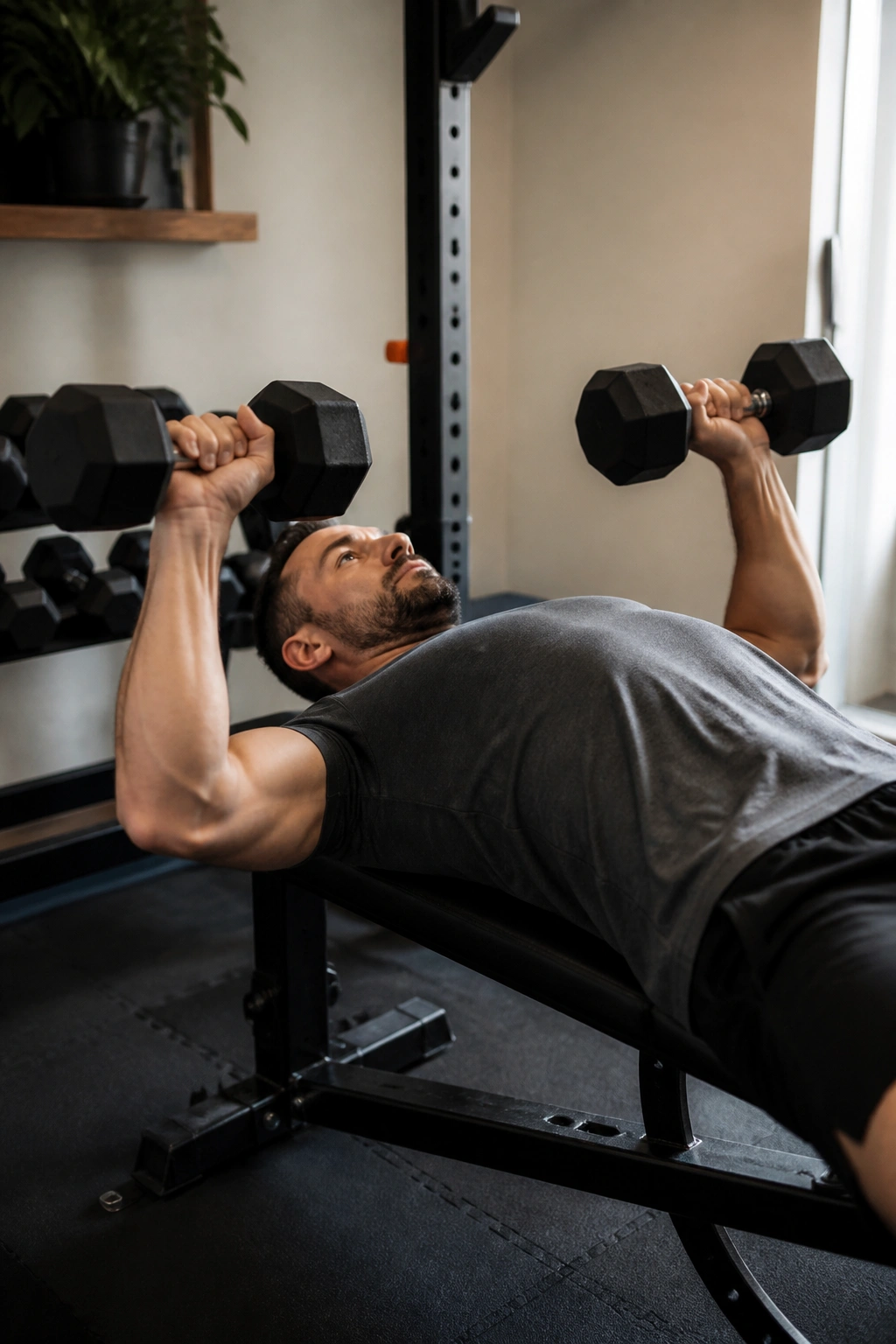Person performing slow tempo dumbbell bench press in minimalist setup