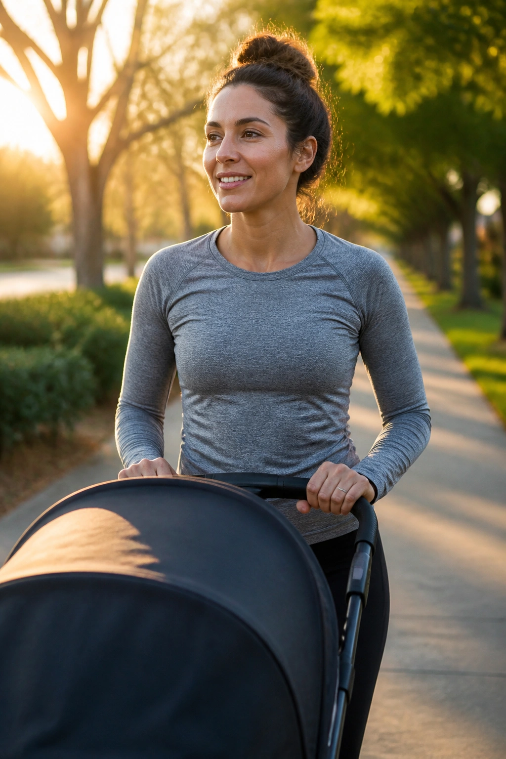 Mom at tempo pace pushing a stroller on a tree-lined sidewalk at golden hour.