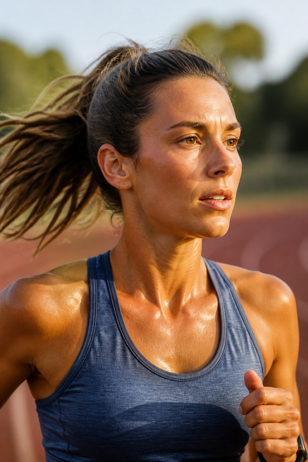 Close-up of a focused runner mid-stride on an outdoor track, emphasizing endurance and speed.