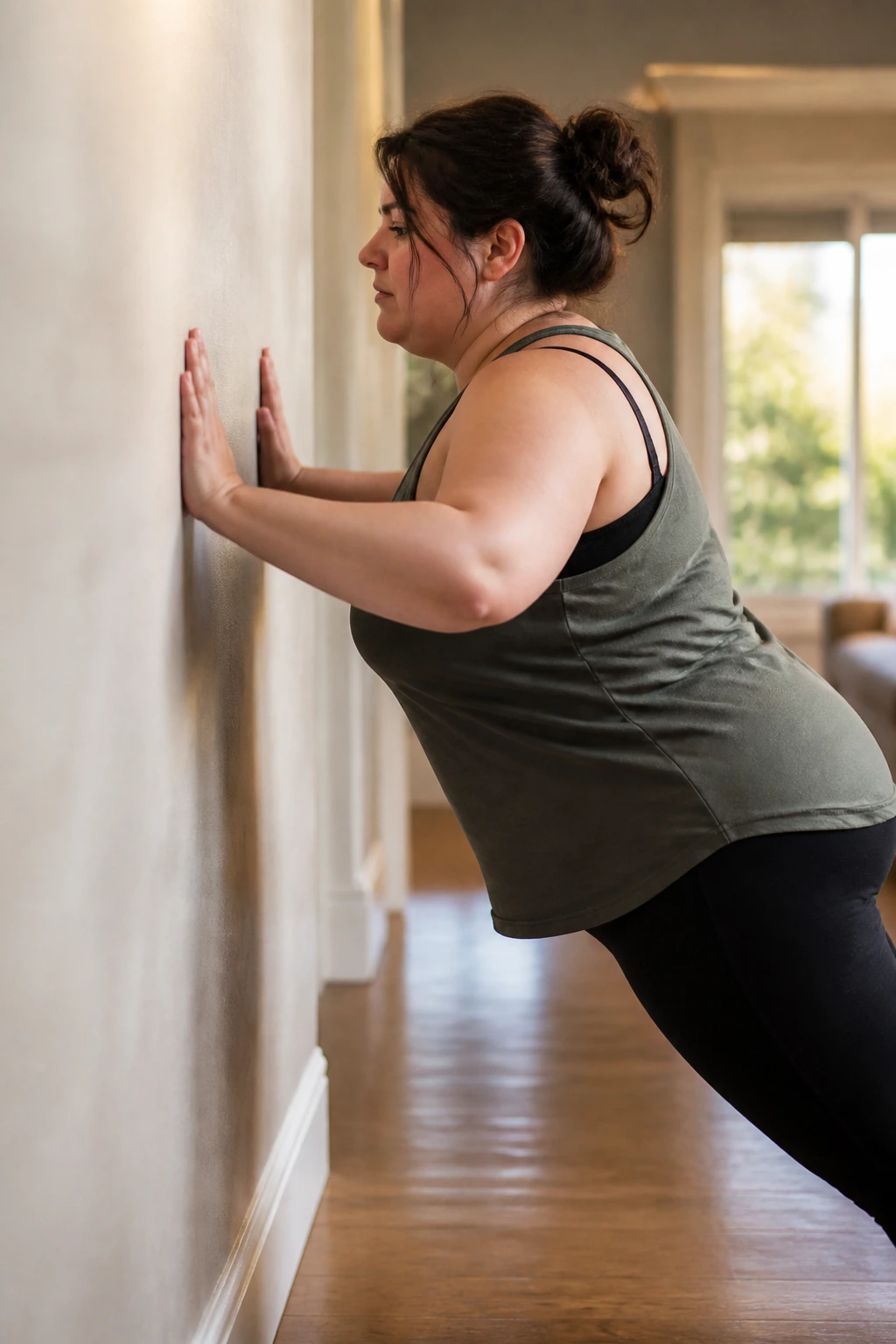 Real person performing a wall push-up as part of a 10-minute routine at home
