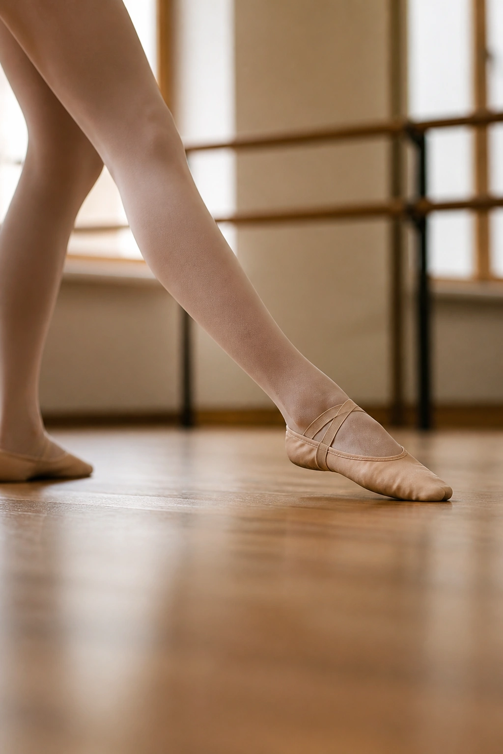 Foot in tendu along the studio floor highlighting ankle and arch.