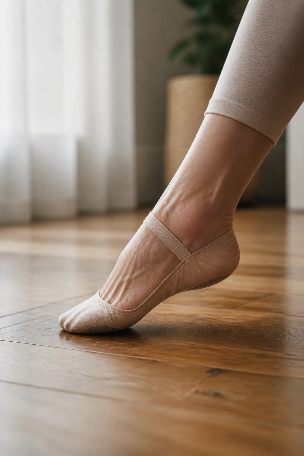 Close-up of extended tendue foot along the floor