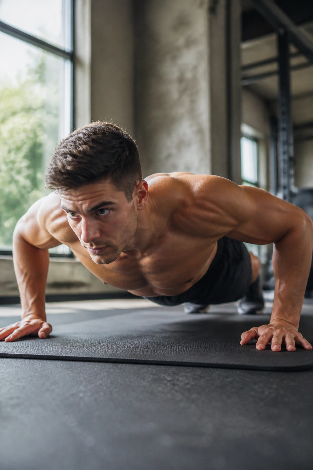 Athlete performing a max-rep push-up test with perfect form on a mat