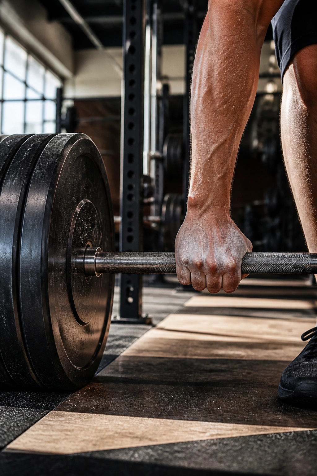 Close-up of a heavy barbell on a platform, symbolizing the Texas Method strength program