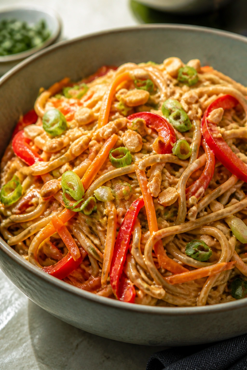 Close-up of Thai peanut noodle salad in a glossy bowl with colorful vegetables