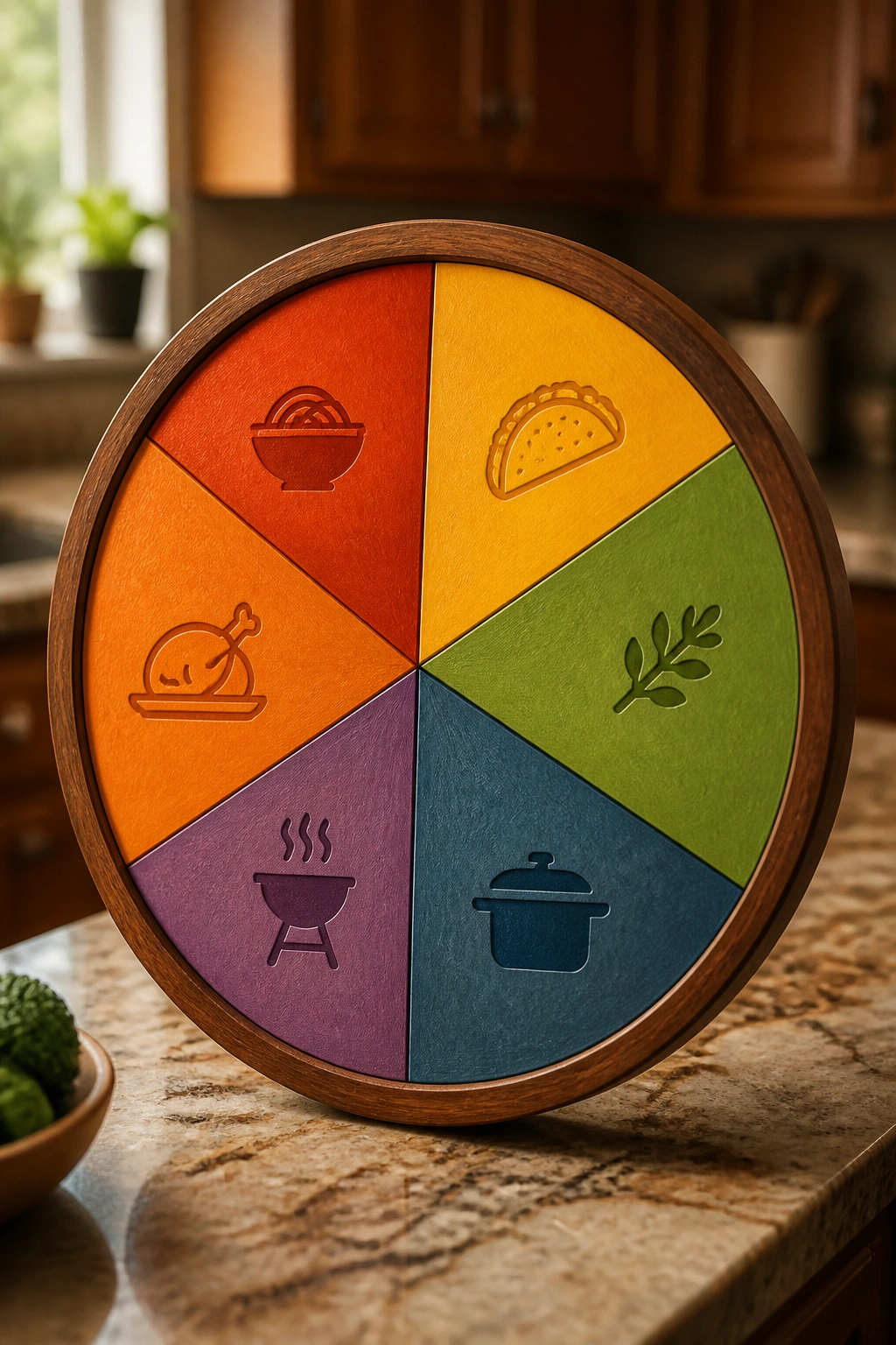 Close-up of a color wheel concept representing theme nights in a warm kitchen