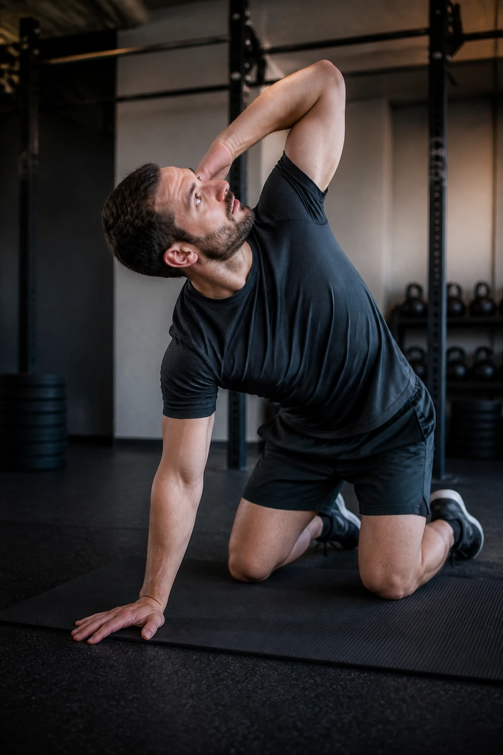Medium close-up of thoracic rotation in quadruped for mobility