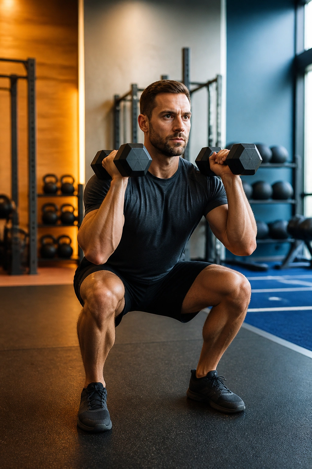 Medium close-up of a fit person performing a squat with dumbbells in a gym with three background lighting zones behind to imply three blocks