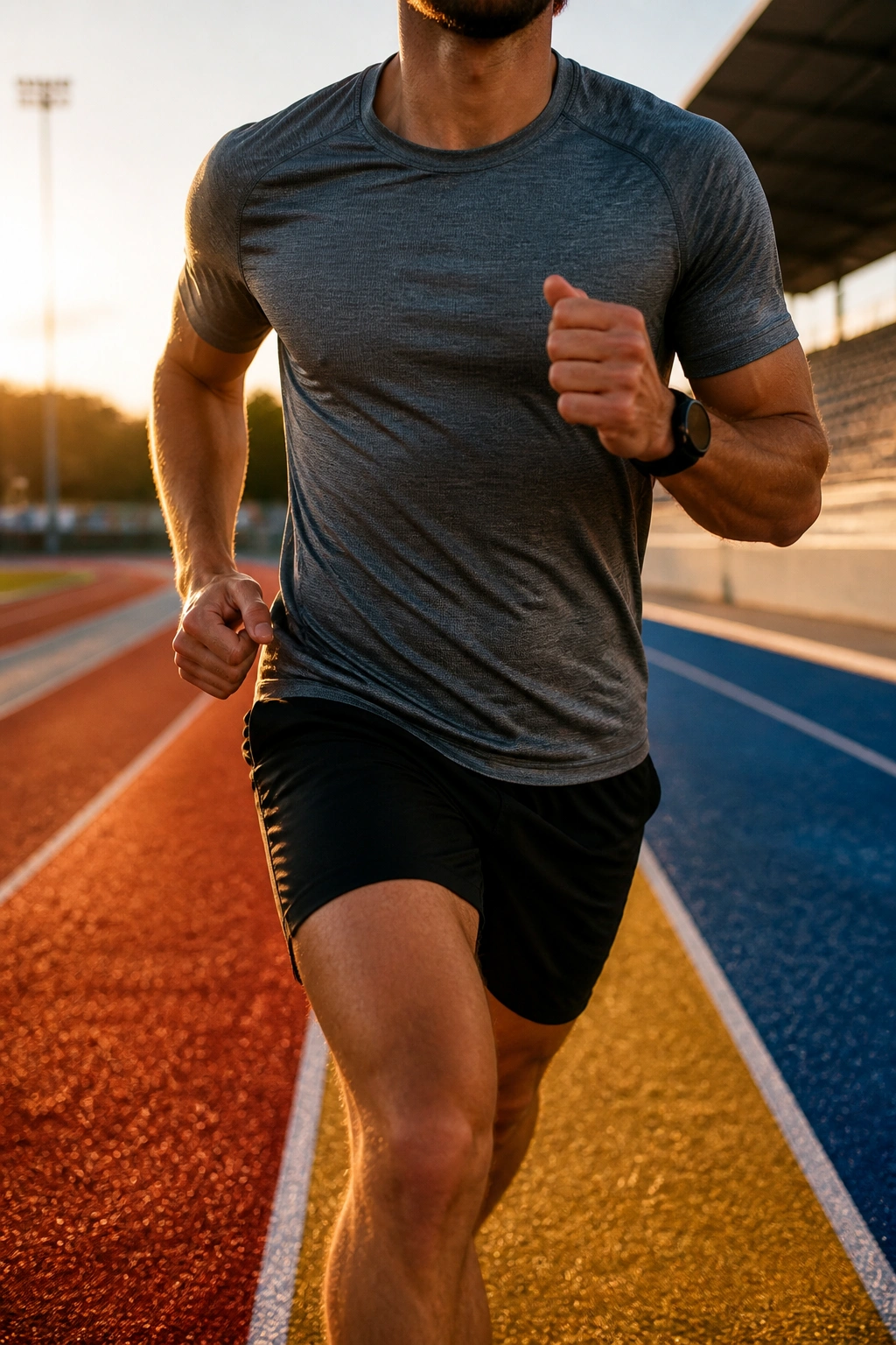 Close-up of a runner's torso and arms mid-stride on a track with color cues suggesting a three-day plan.