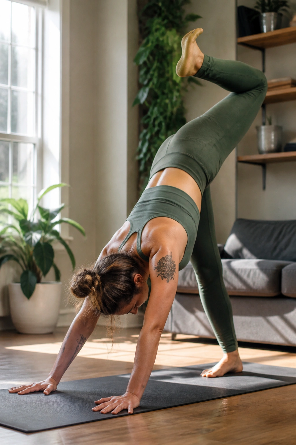 Real person in three-legged dog kickback on a mat, lifting the leg to the ceiling