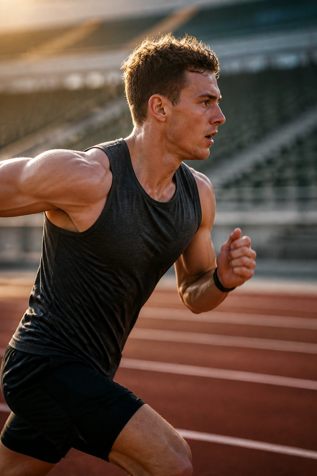 Runner on track performing threshold intervals with intense focus