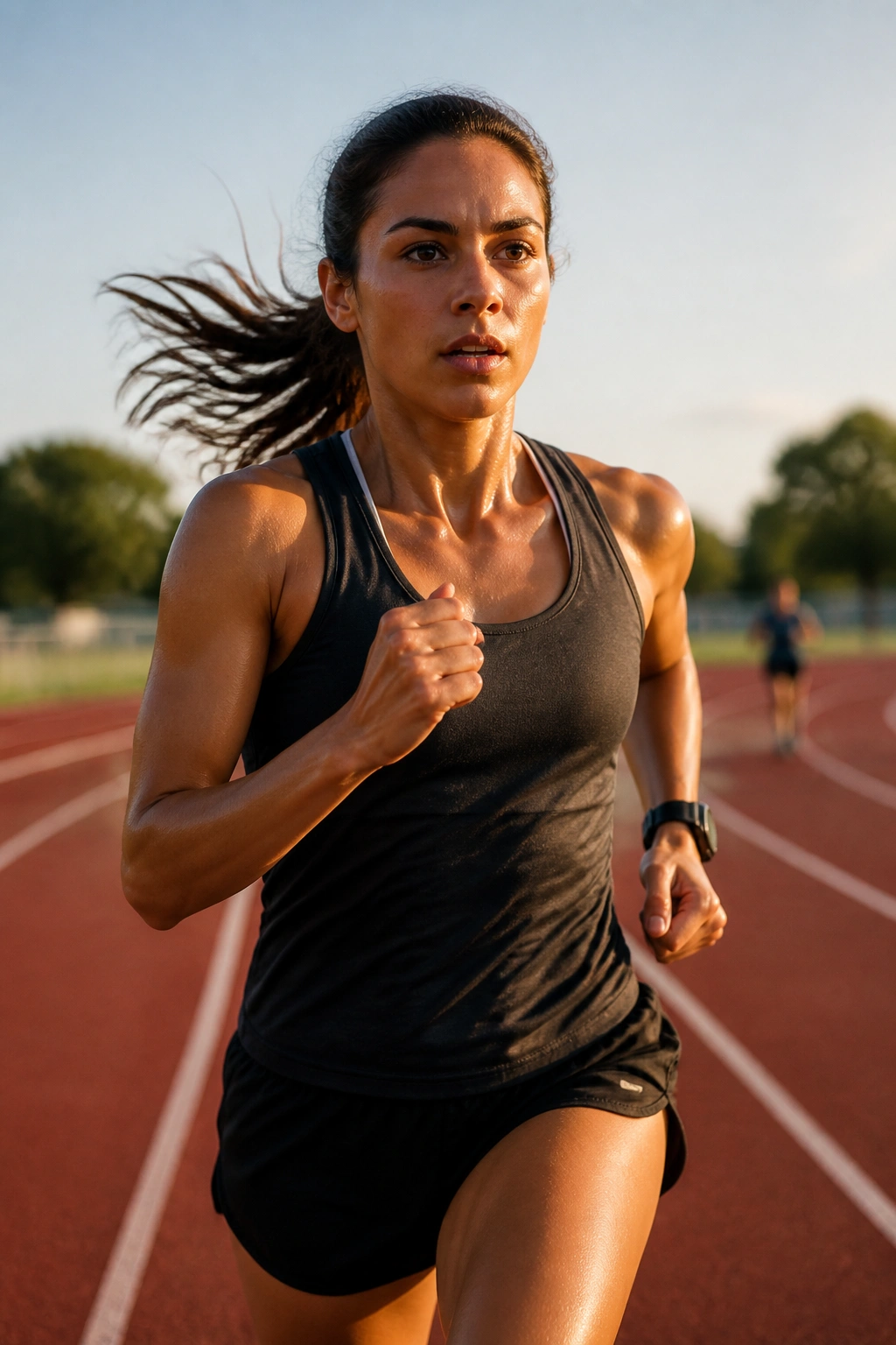 Runner executing threshold pace work on a track with precise, controlled effort.
