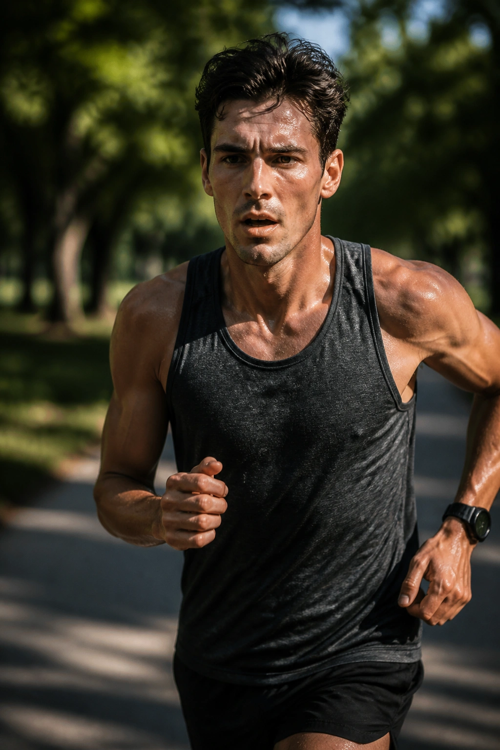 Close-up of a runner's intense expression on a tree-lined park path