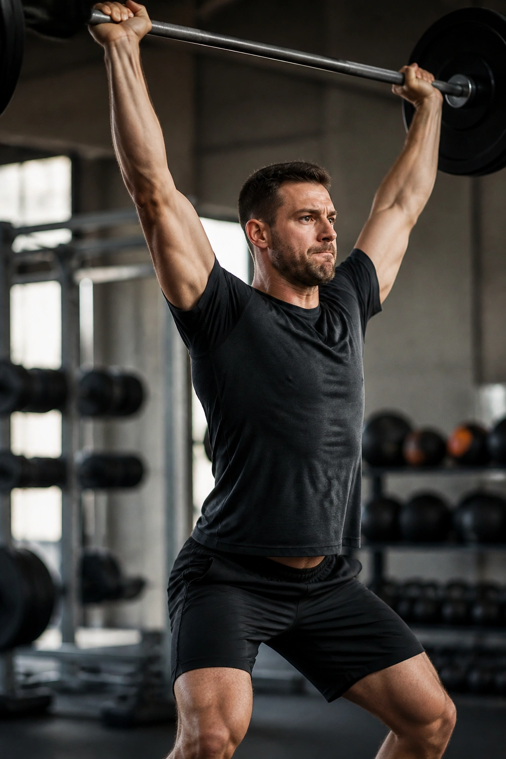 Athlete performing barbell thruster in gym to illustrate upper/lower hybrid