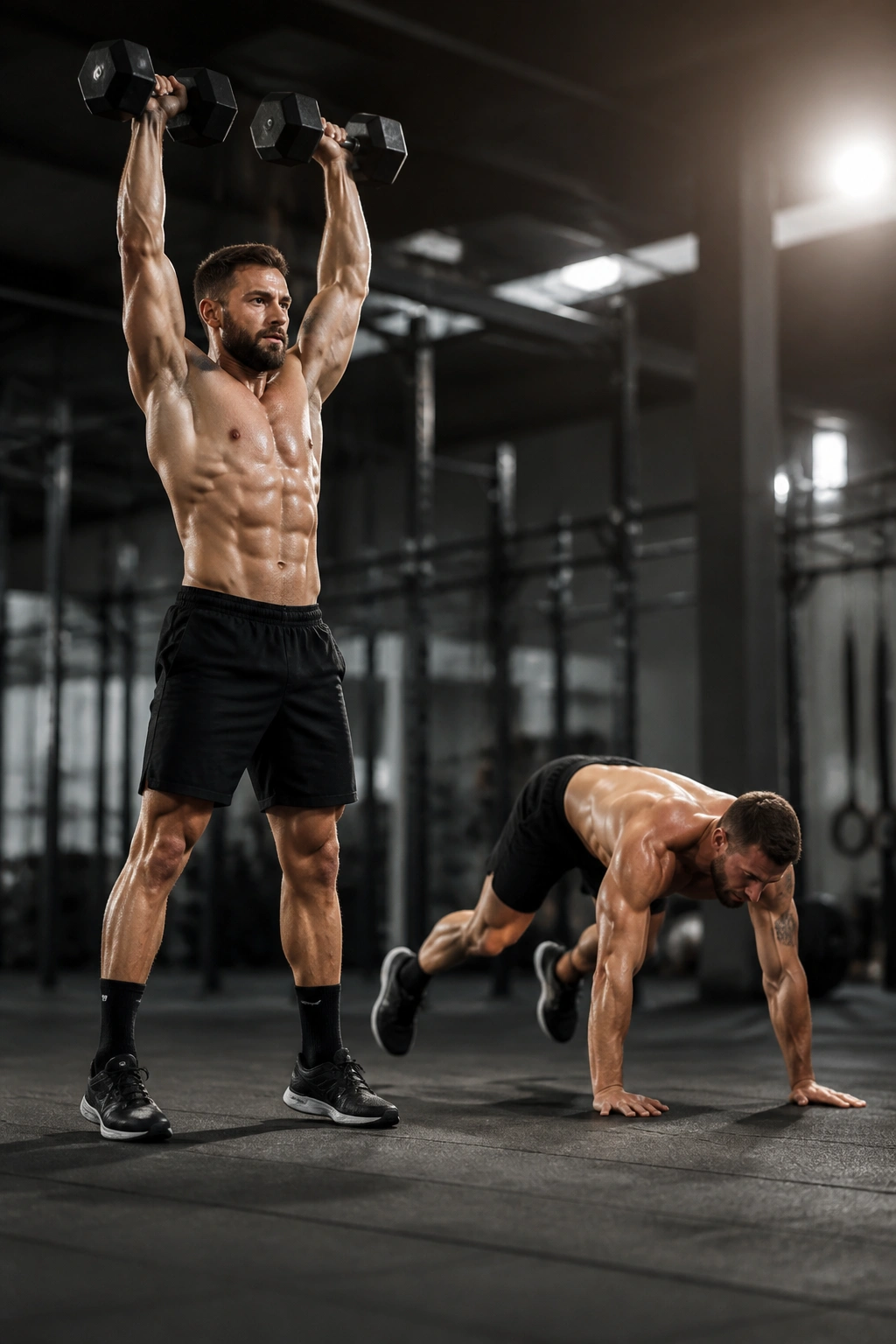 Athlete in mid-thruster during burpee circuit in gym