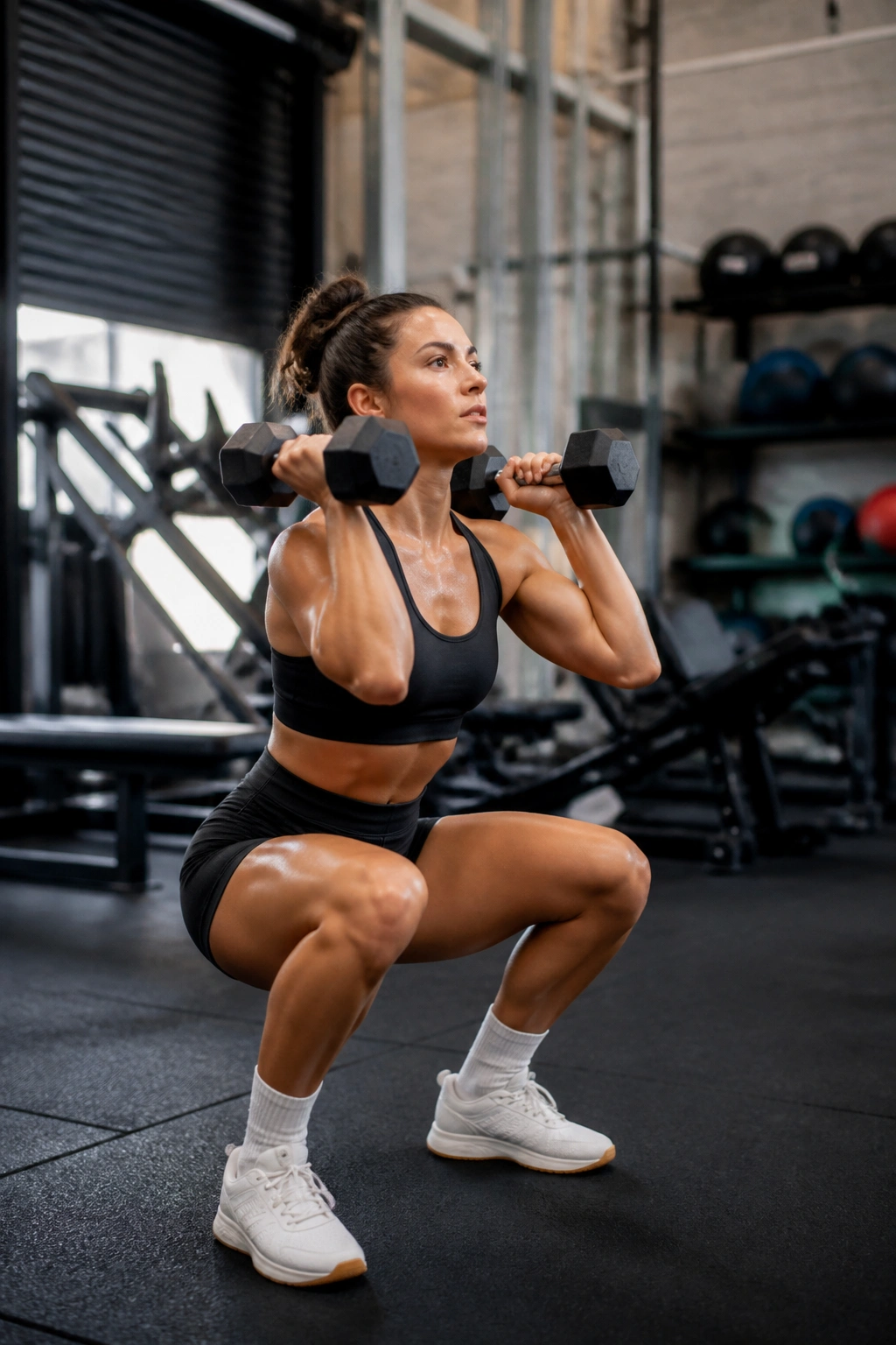 Athlete performing dumbbell thruster in a gym, full-body movement.