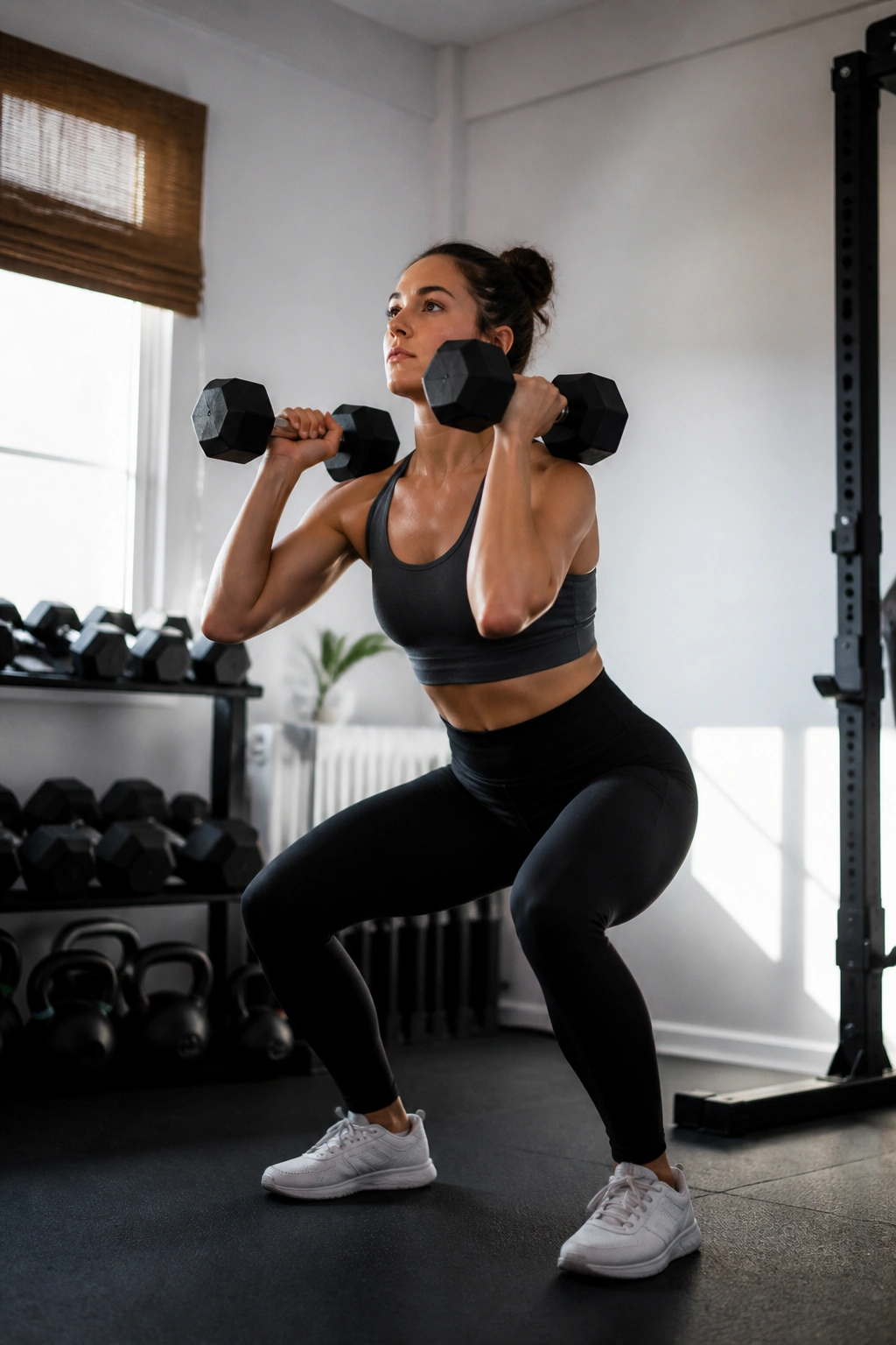 Person doing a dumbbell thruster in a home gym