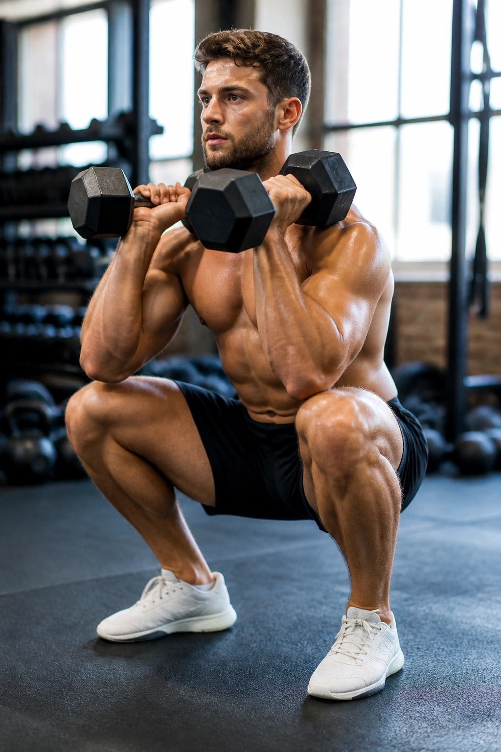 Person performing dumbbell thruster in a gym during intervals