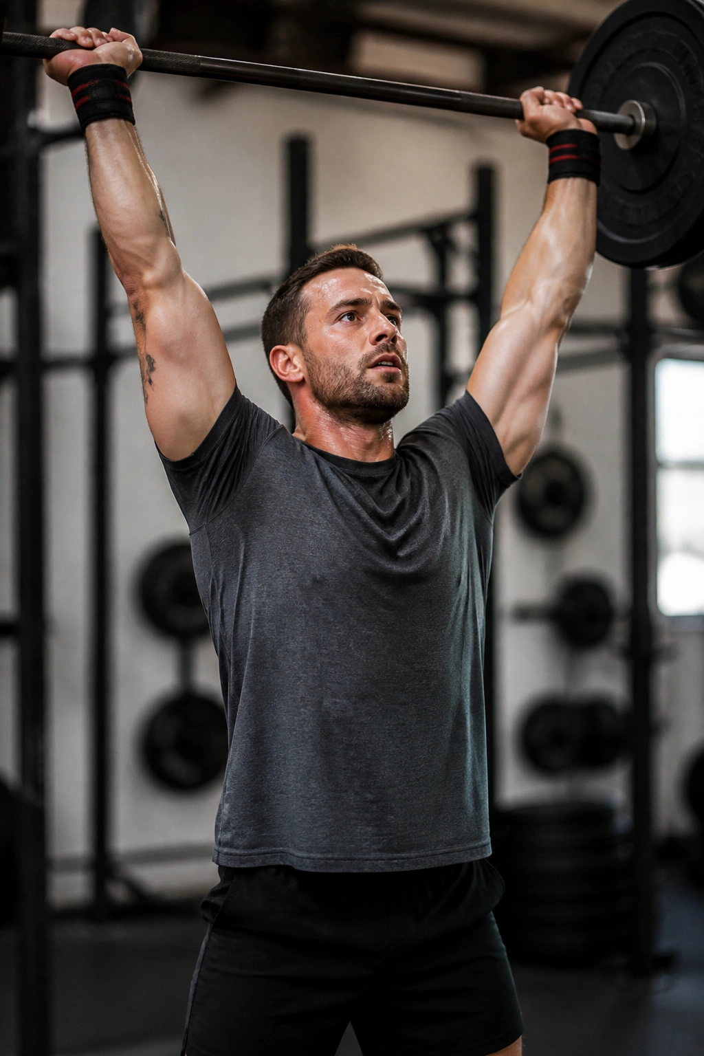 Athlete performing barbell thruster in gym