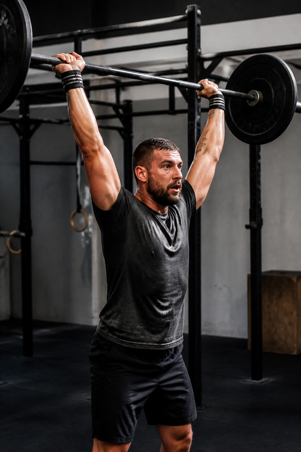 Athlete performing thrusters with pull-up hybrid in gym