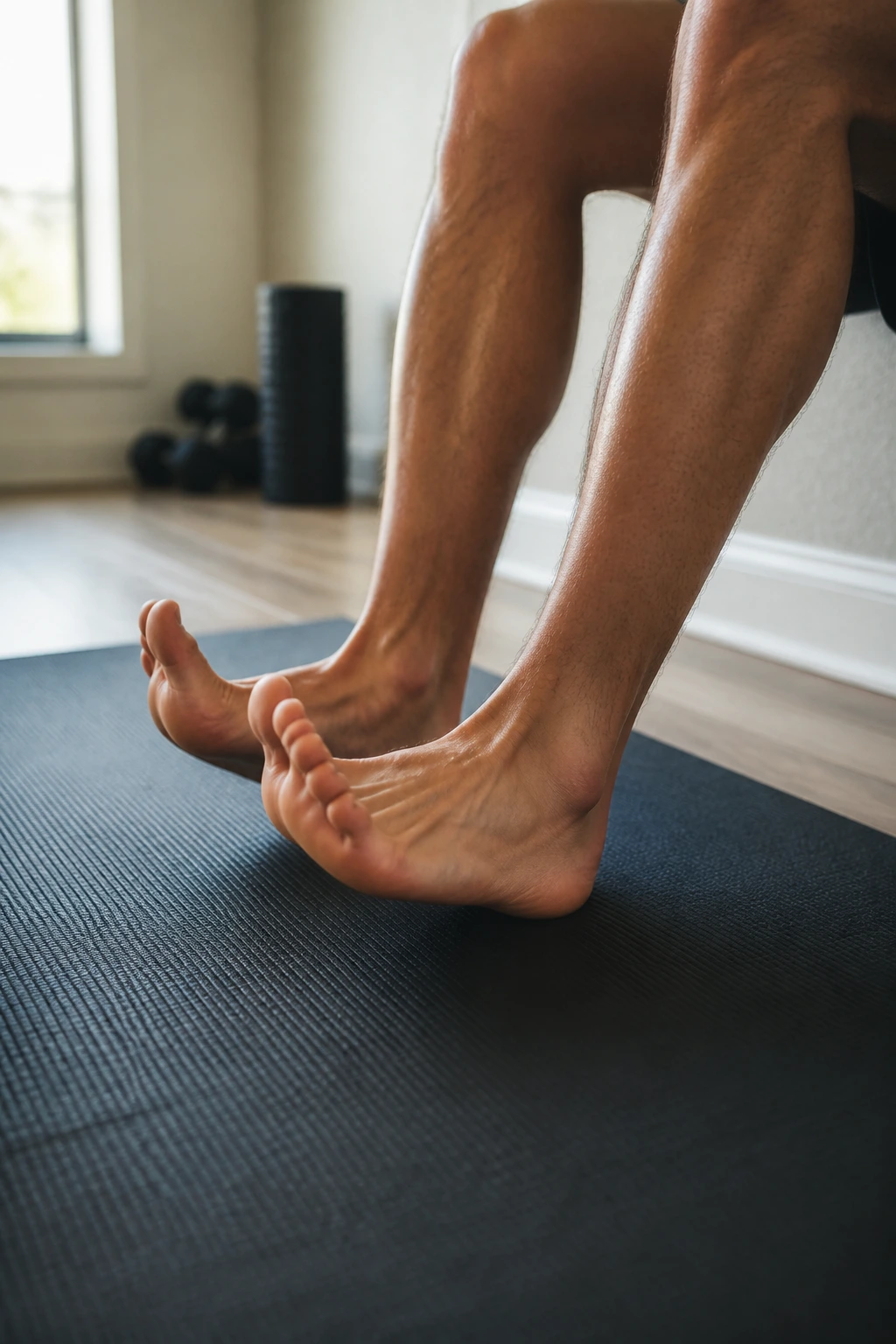 Close-up of a person performing tibialis raise hold, toes dorsiflexed toward shin, heels planted against a wall