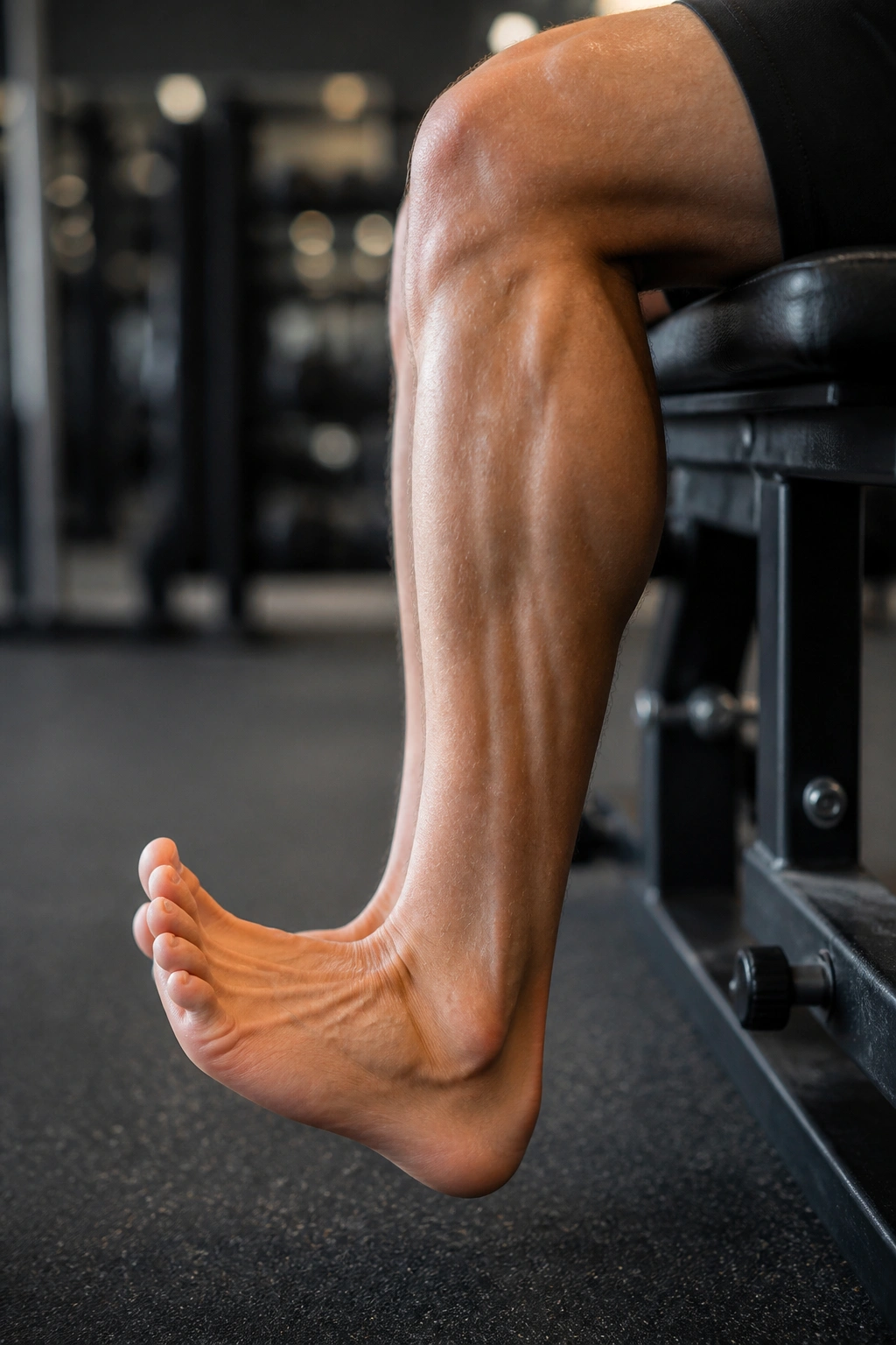 Close-up of lower leg performing tibialis raise with toes toward shin.