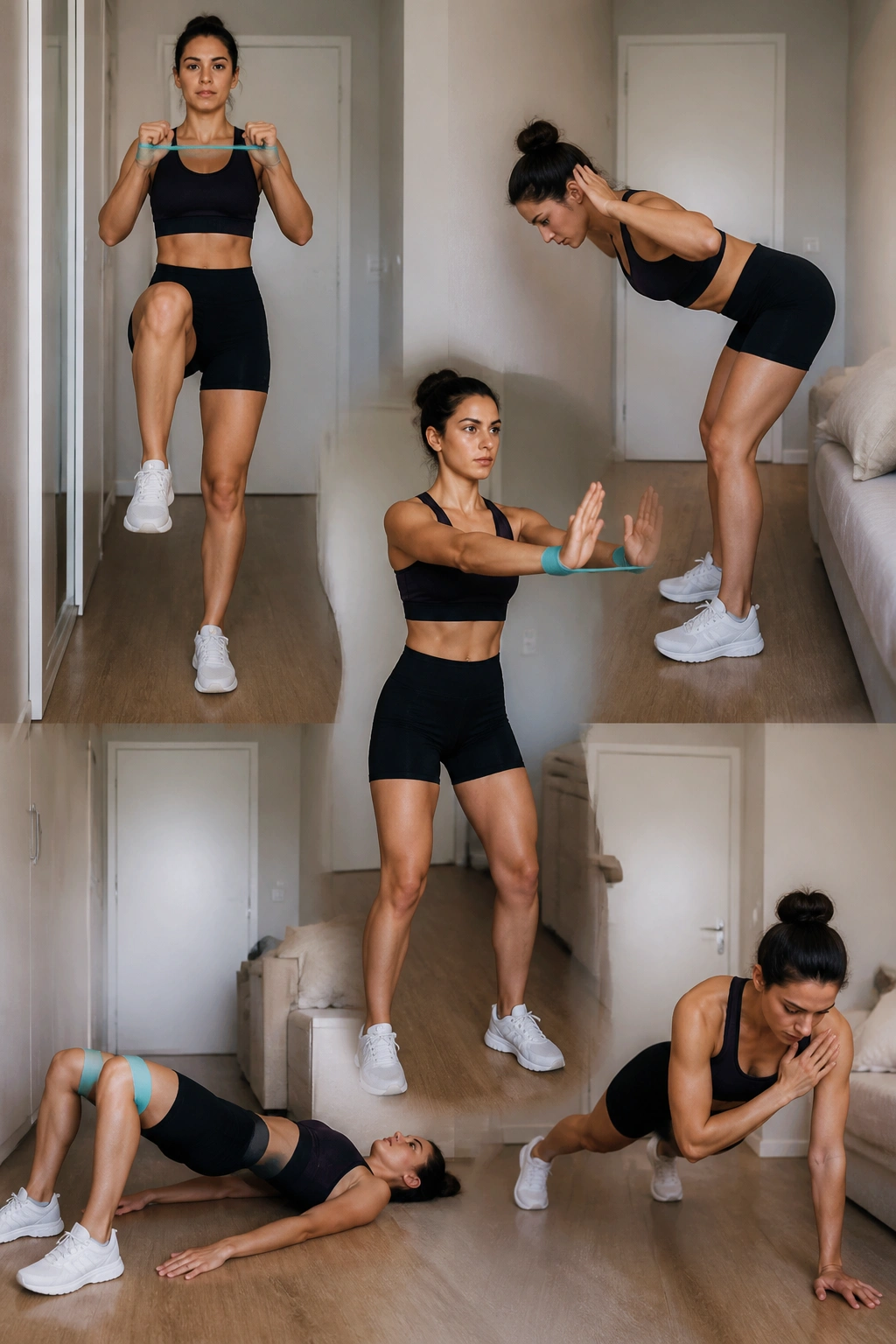 Person performing compact banded workout in a small room without extra space