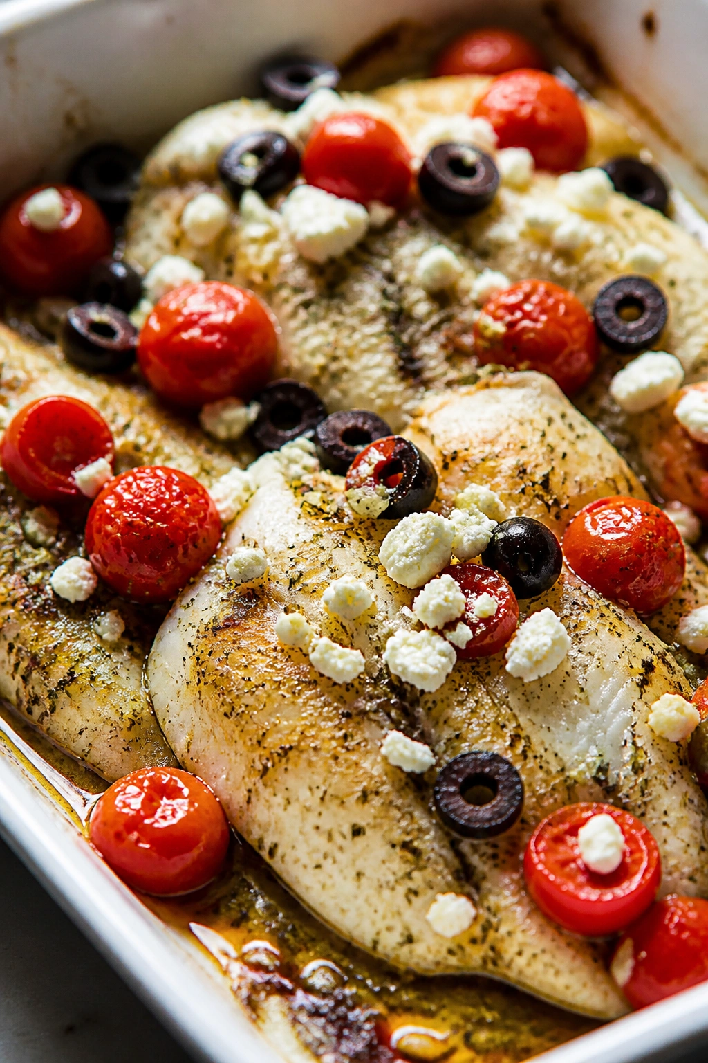 Tilapia fillets baked with tomatoes, olives, and feta in a baking dish