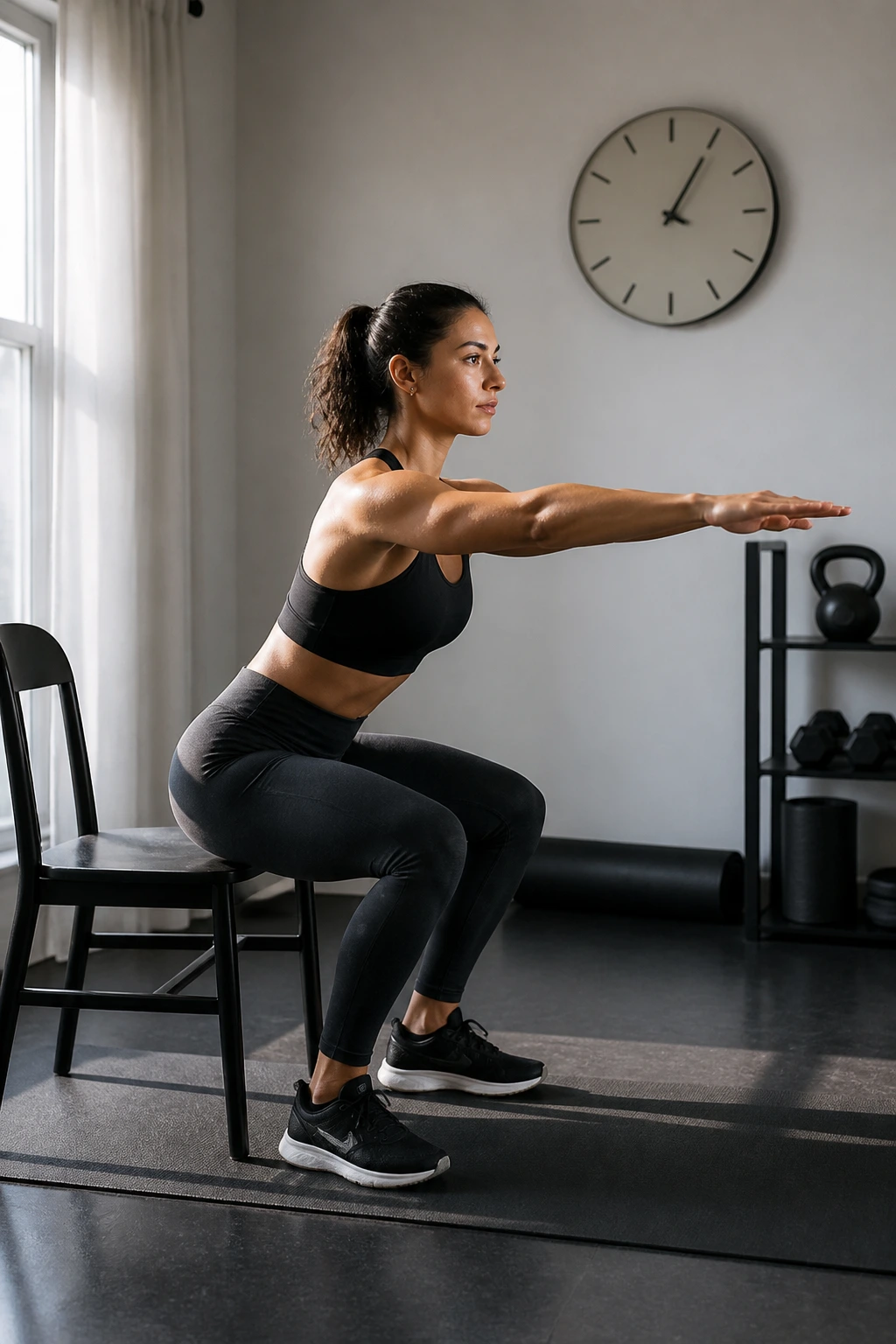 Person performing chair squat with a minimalist tick-mark clock in the background.