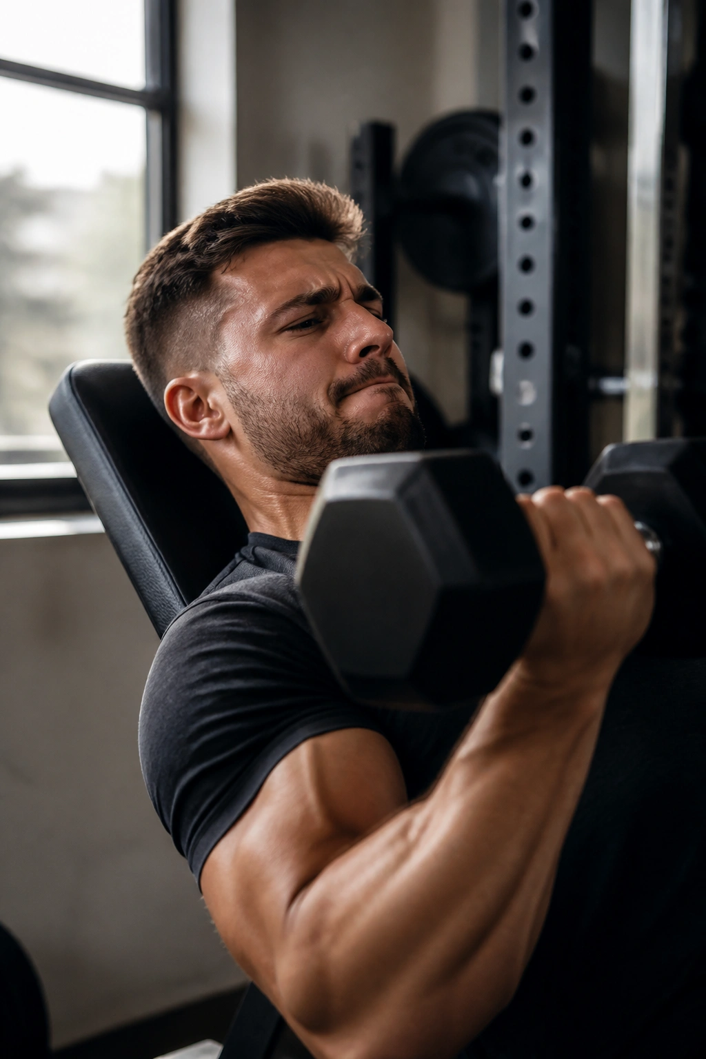 Lifter mid-set in a compact gym with focused expression