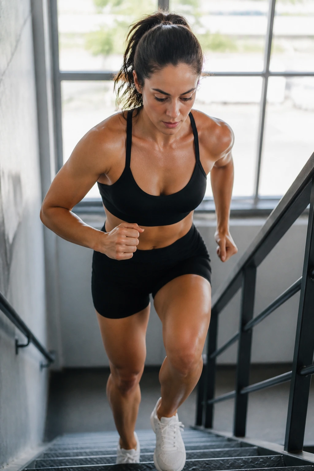 Person on stairs following a time-based ladder cardio workout sequence