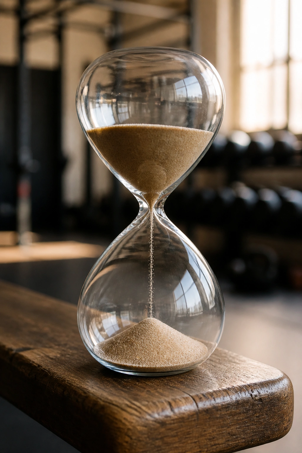 Glass hourglass timer on gym bench