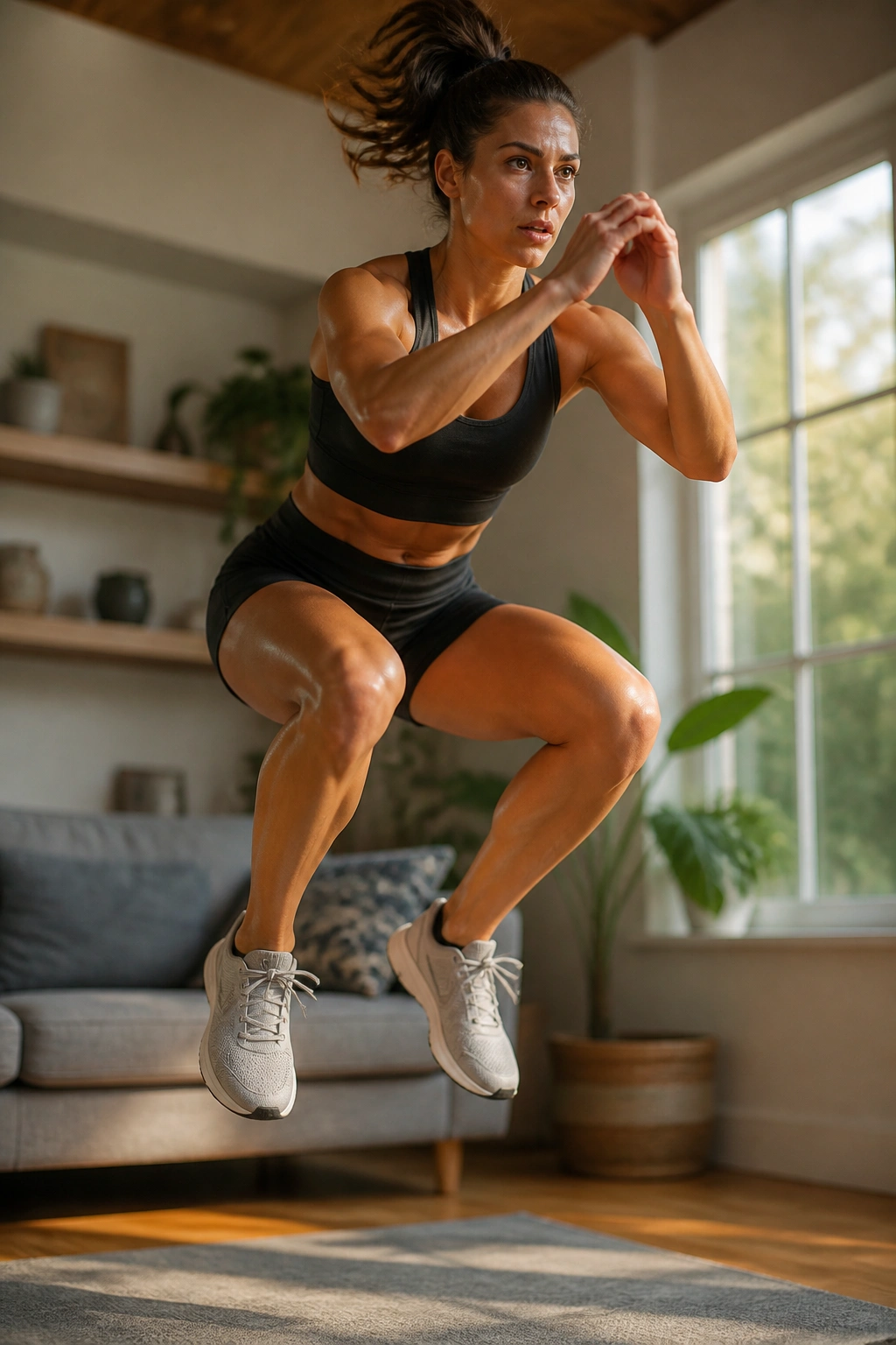 Real person mid-air squat jump in a home living space with warm window light