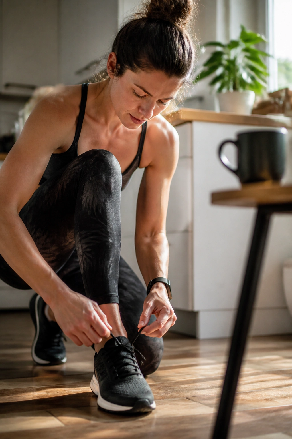 Close-up of a person tying sneakers in a sunlit kitchen, starting a tiny mobility habit after coffee