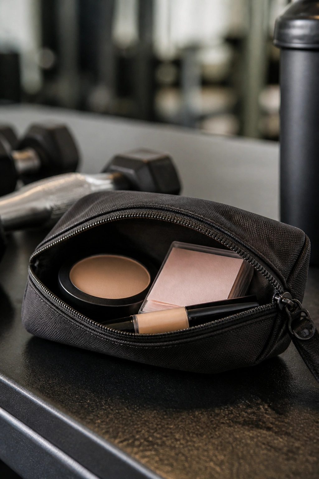 Tiny travel-sized makeup pouch with essentials for gym touch-ups