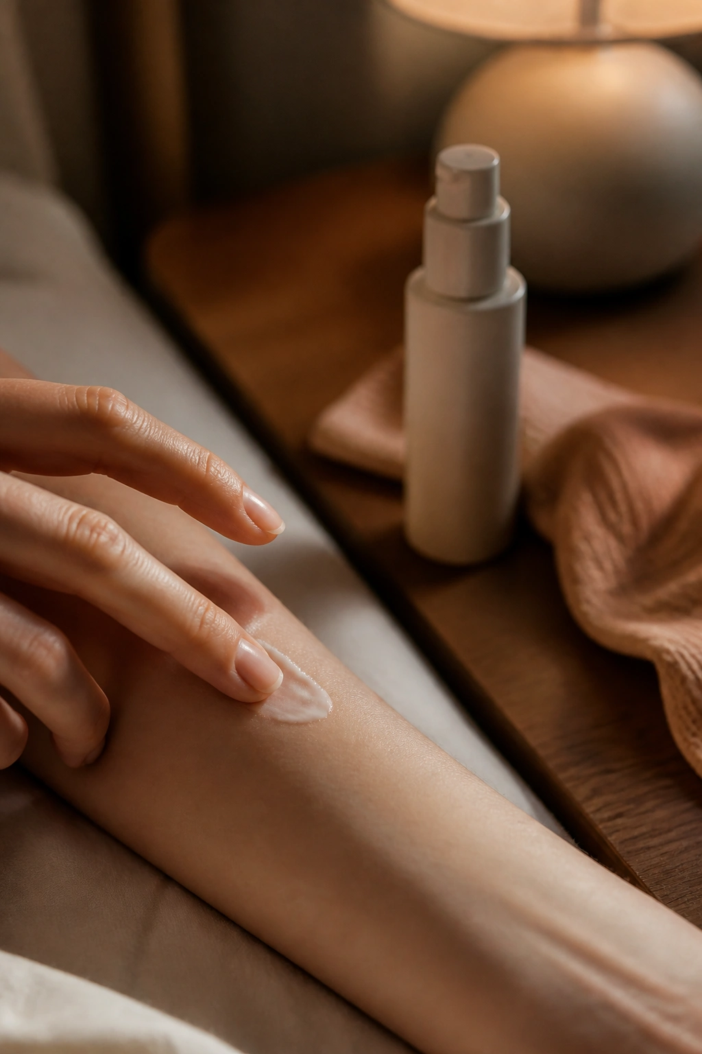 Close-up of minimalist skincare bottle and moisturizer being applied at bedside