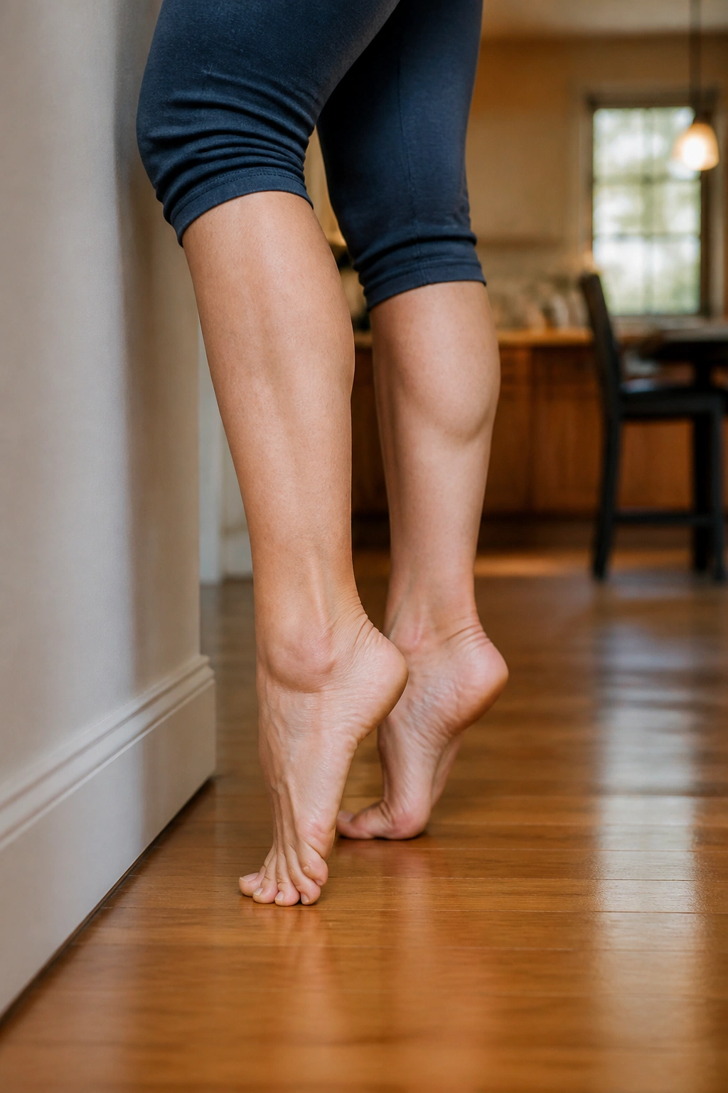 Person performing toe raises to strengthen front lower leg