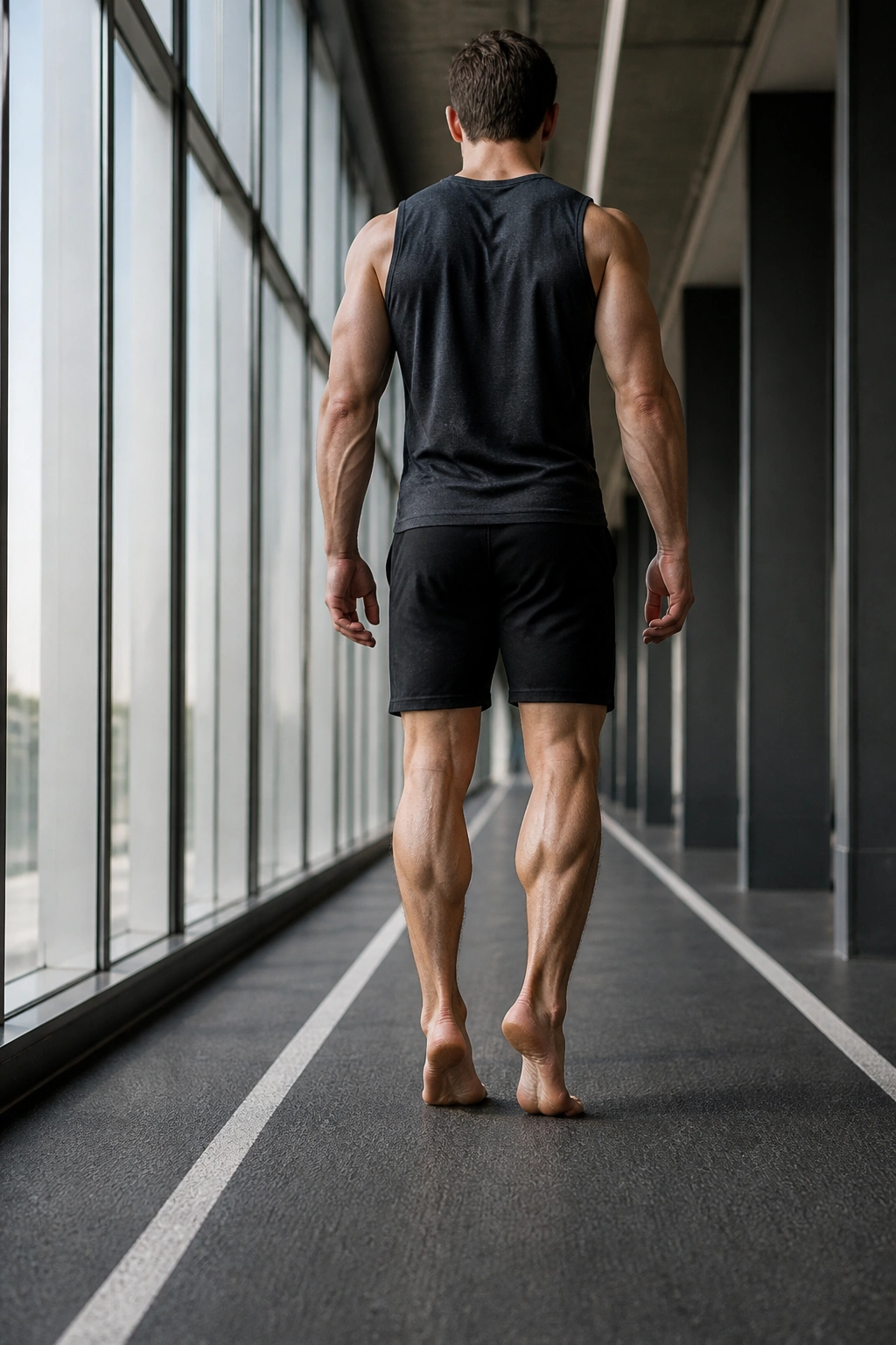 Person performing toe walk highlighting calves and foot position in a hallway