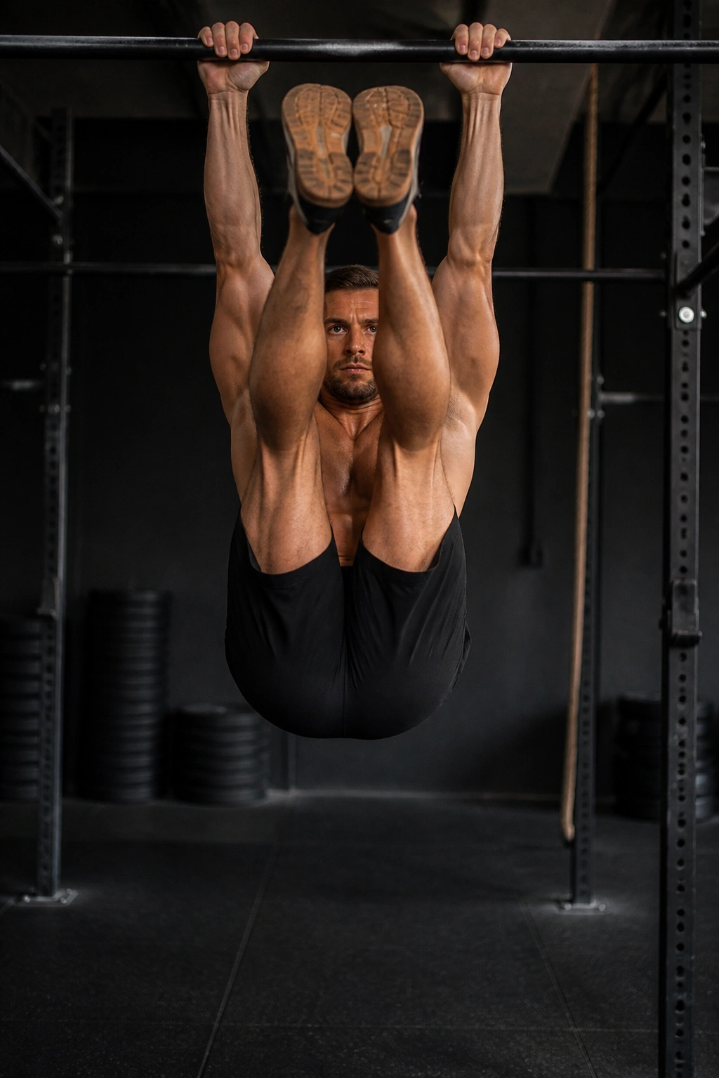 Athlete performing toes-to-bar with strict form on pull-up bar