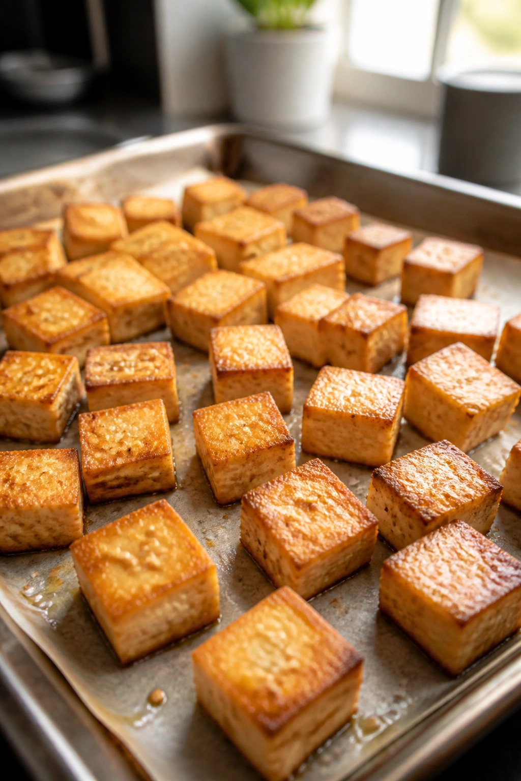 Golden-brown tofu cubes on a sheet pan