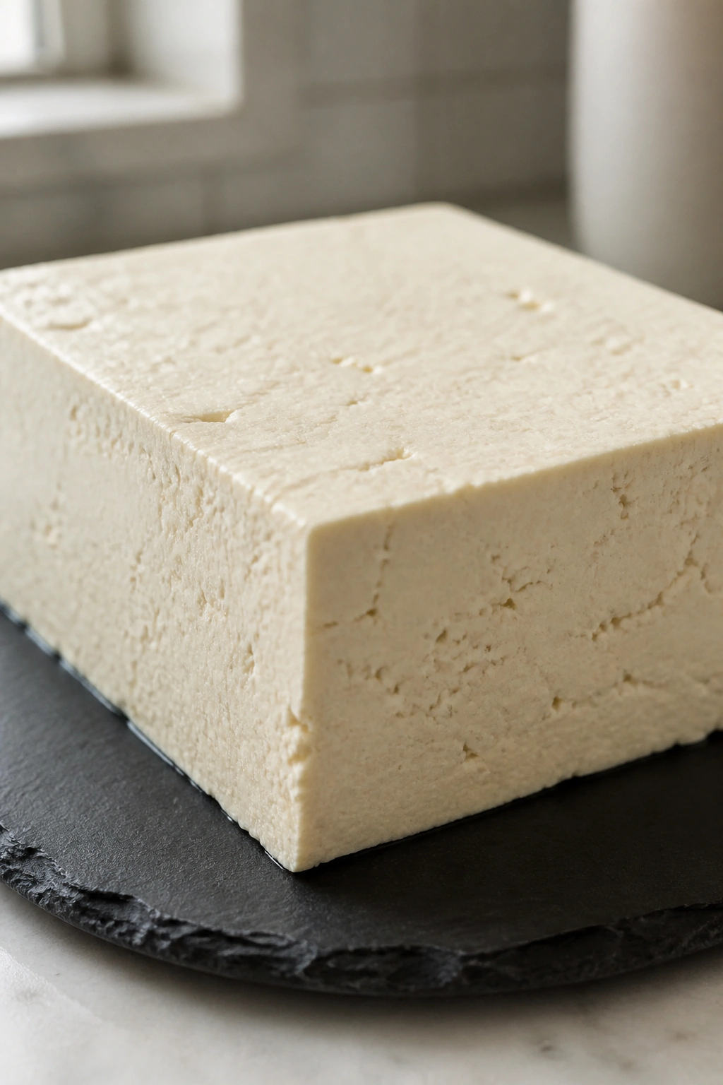Close-up of a block of firm tofu on a slate plate