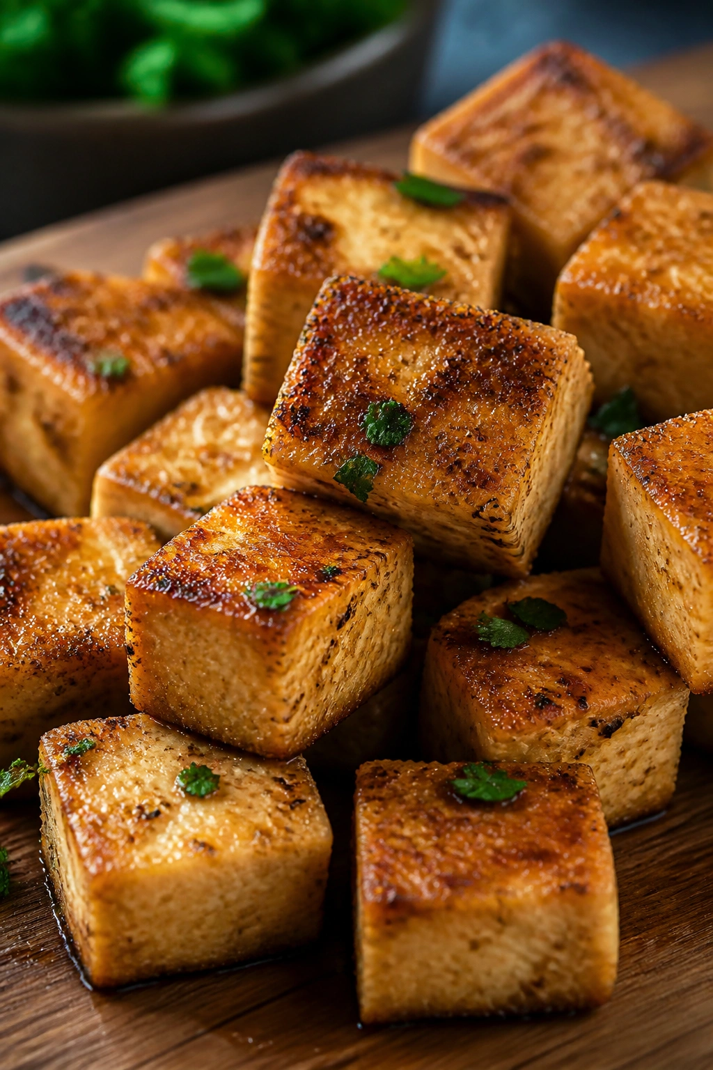 Close-up of crispy tofu cubes on wooden board in kitchen
