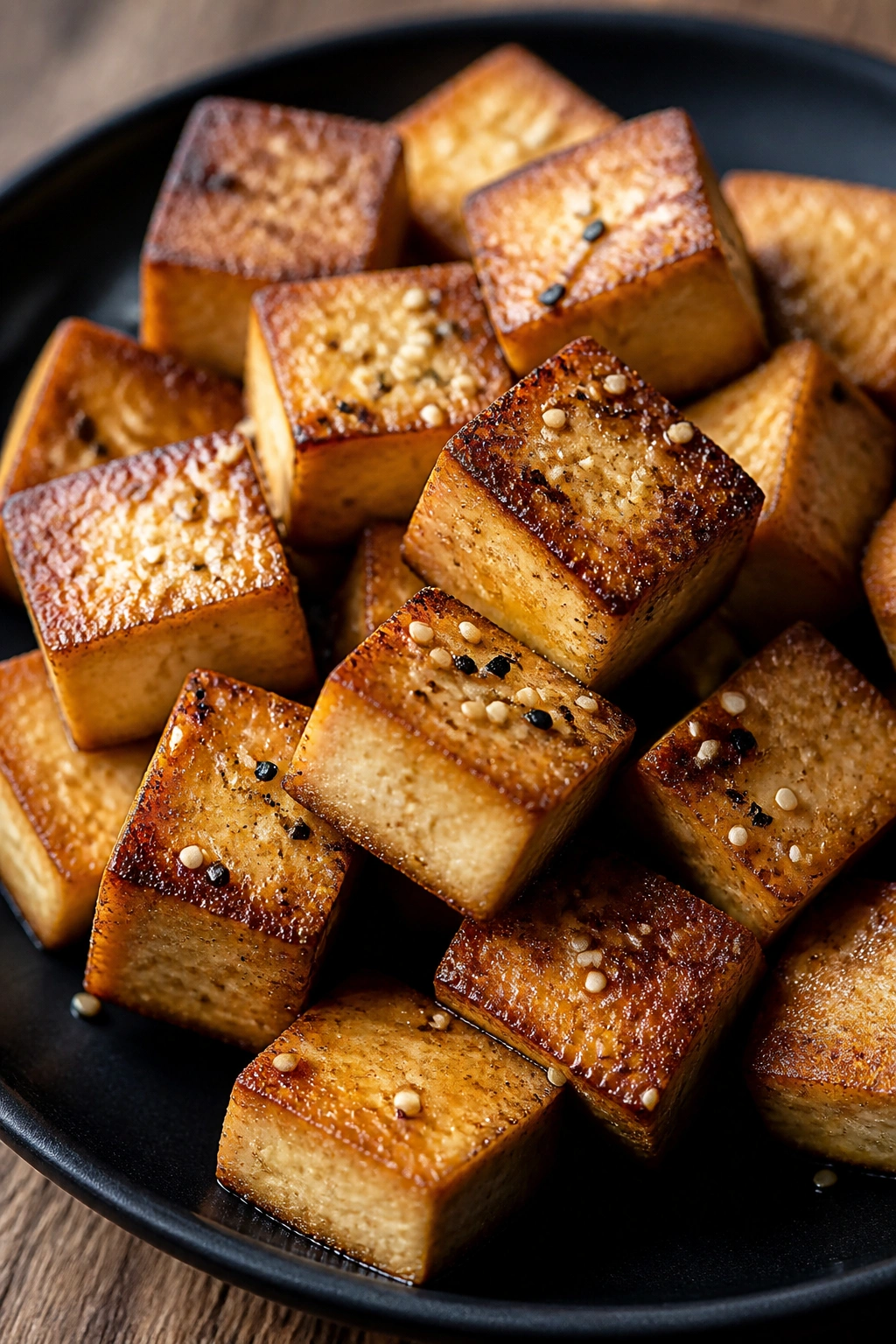 Close-up of golden-brown roasted tofu cubes on a dark plate